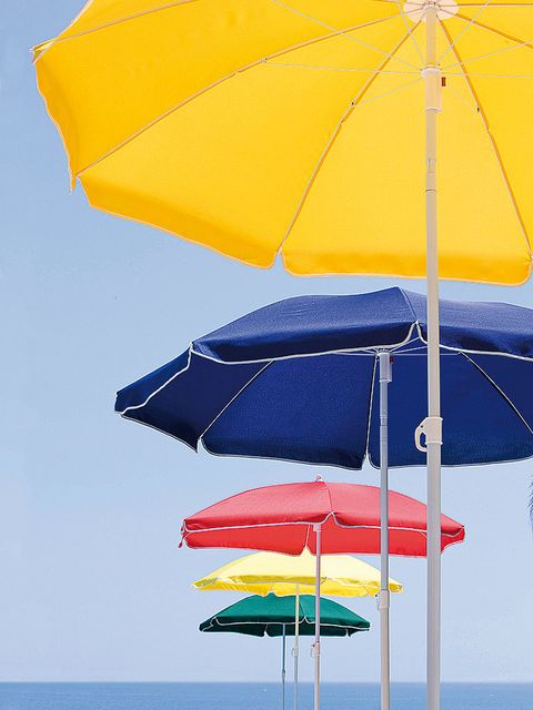 Blue, Yellow, Umbrella, Summer, Shade, Azure, Tints and shades, Beach, Electric blue, Wind, 
