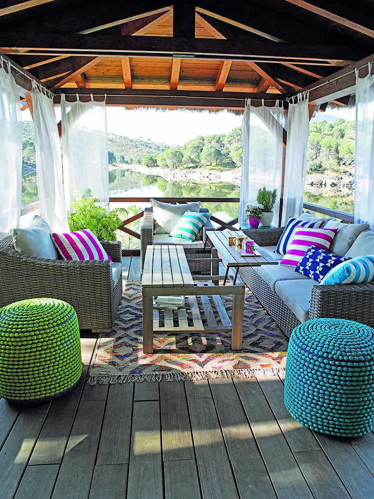 Furniture, Patio, Deck, Porch, Room, Outdoor structure, Table, House, Tree, Home, 