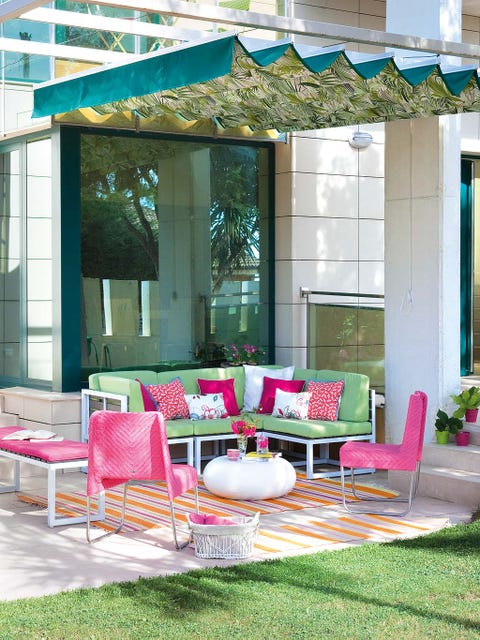 Furniture, Shade, Outdoor furniture, Teal, Turquoise, Pillow, Patio, Outdoor structure, Flowerpot, Outdoor table, 
