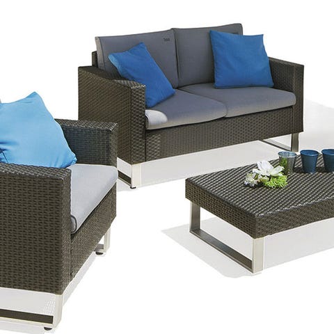 Blue, Furniture, Room, Couch, Living room, Interior design, Outdoor furniture, Rectangle, Black, Pillow, 