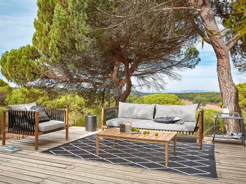 Furniture, Property, Real estate, Natural landscape, Deck, House, Tree, Outdoor furniture, Table, Home, 