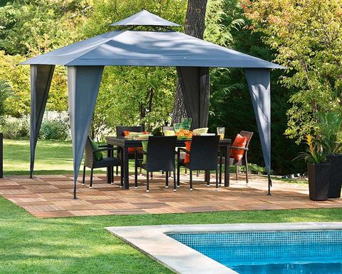 Swimming pool, Outdoor table, Gazebo, Outdoor furniture, Shade, Garden, Pavilion, Rectangle, Park, Landscaping, 