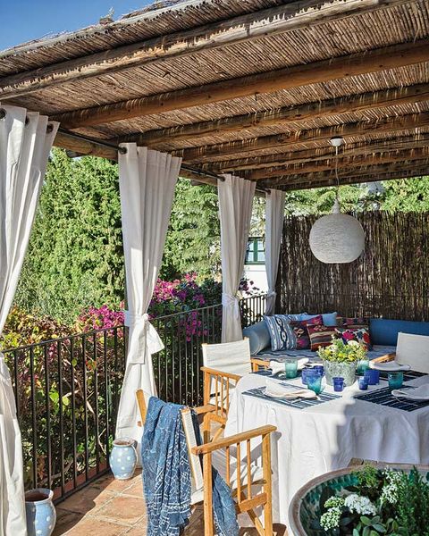 Textile, Linens, Tablecloth, Shade, Home accessories, Window treatment, Curtain, Outdoor structure, Yard, Herb, 