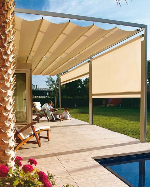 Shade, Swimming pool, Outdoor furniture, Flagstone, Resort, Tile, Pergola, Yard, Outdoor table, Outdoor structure, 