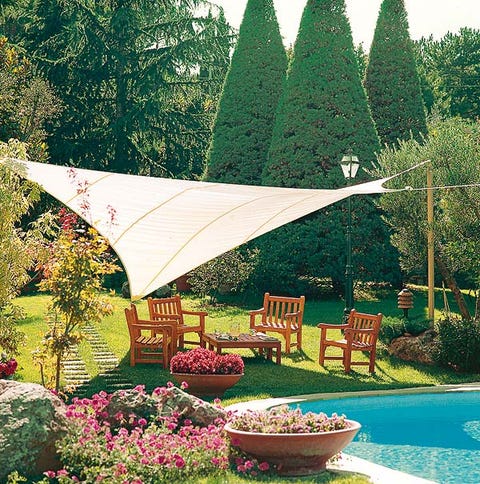 Garden, Shrub, Backyard, Yard, Evergreen, Outdoor furniture, Shade, Landscaping, Flowerpot, Annual plant, 