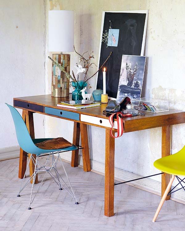 Furniture, Desk, Table, Room, Interior design, Computer desk, Writing desk, Turquoise, Chair, Material property, 