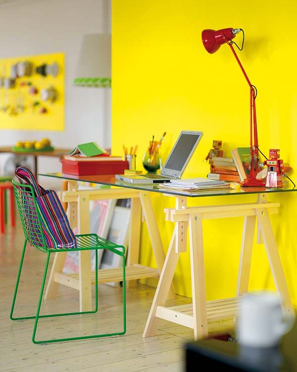 Yellow, Furniture, Table, Room, Chair, Desk, Orange, Turquoise, Interior design, Material property, 