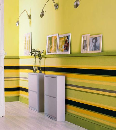 Yellow, Interior design, Wall, Floor, Flooring, Ceiling, Light fixture, Interior design, Paint, Picture frame, 