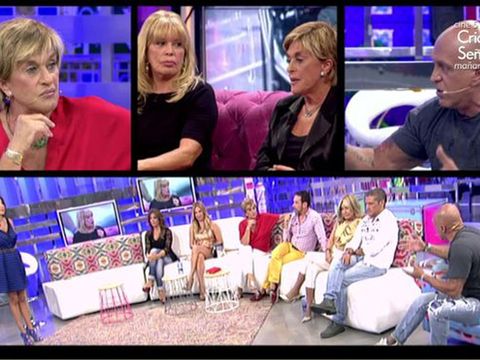 People, Cap, Purple, Sharing, Display device, Couch, Television program, Violet, Collage, Conversation, 
