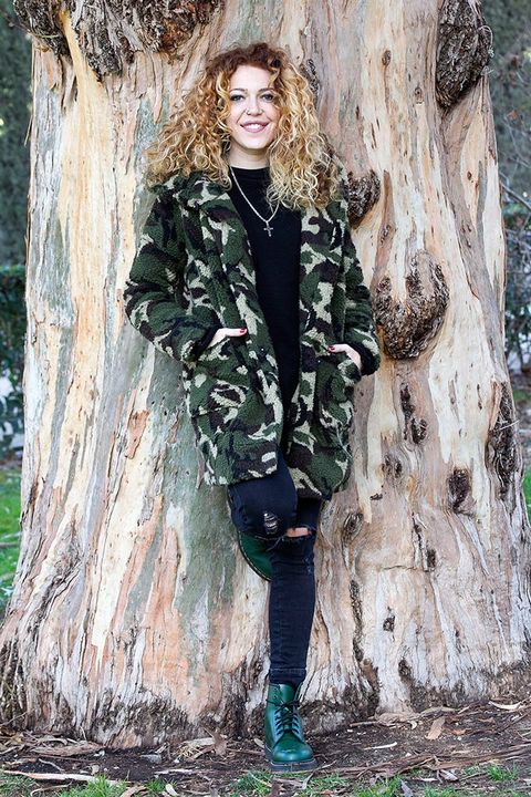 Textile, Outerwear, Style, Jacket, Street fashion, Woody plant, People in nature, Trunk, Youth, Denim, 