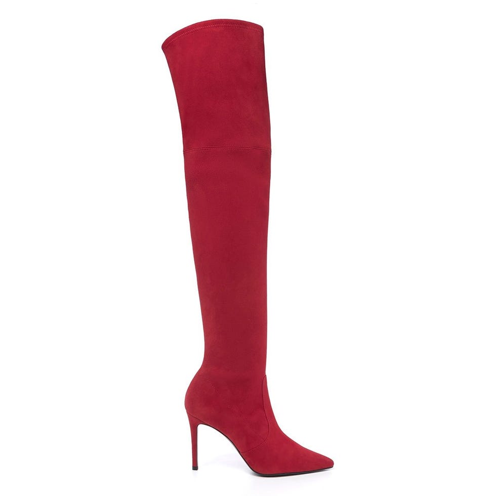 Footwear, Knee-high boot, Red, High heels, Boot, Shoe, Joint, Leg, Costume accessory, Suede, 