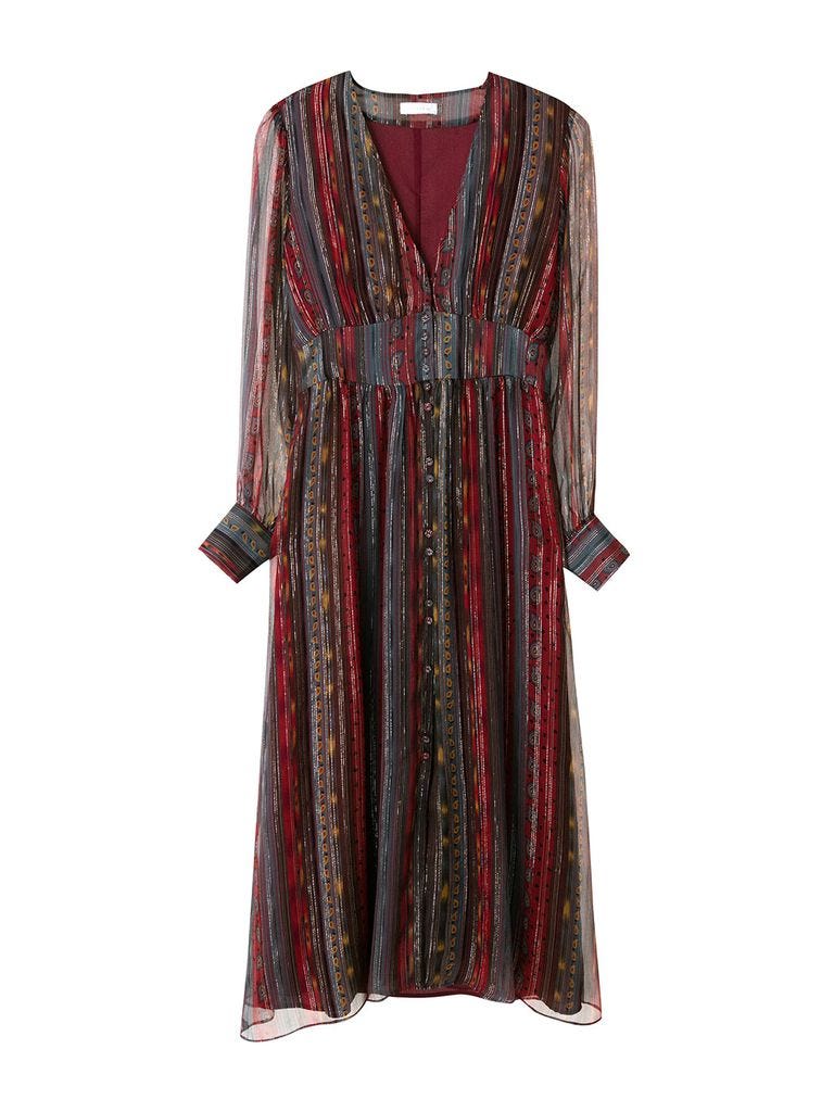 Clothing, Dress, Day dress, Sleeve, Maroon, Brown, Robe, Outerwear, Pattern, Pattern, 
