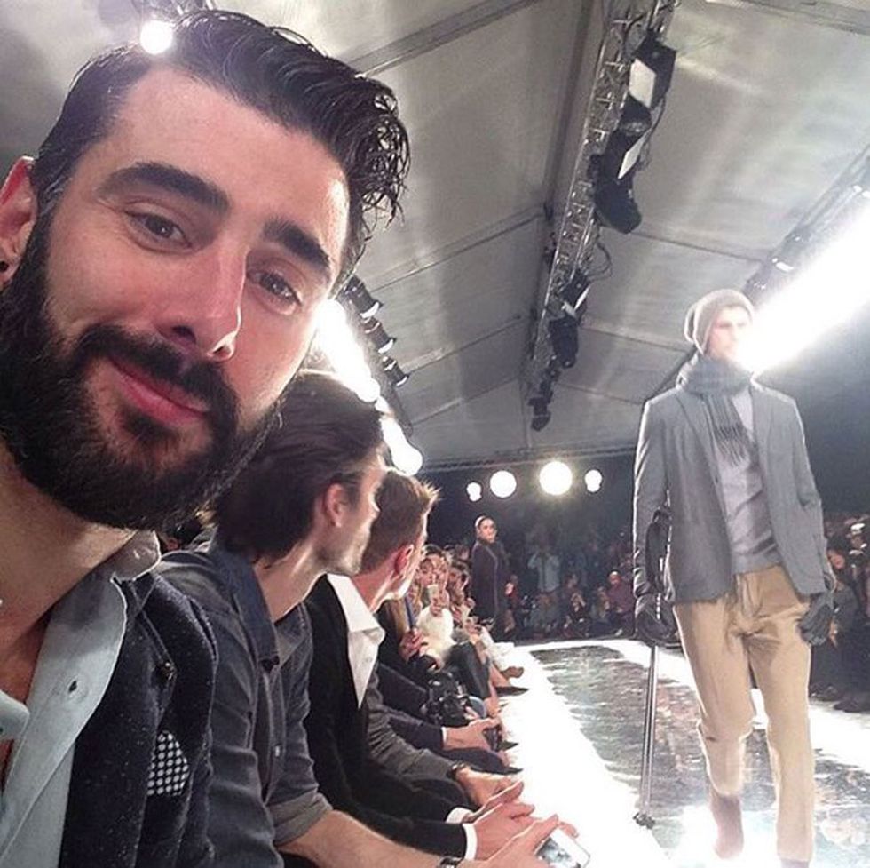 Mouth, Trousers, Facial hair, Moustache, Style, Beard, Jacket, Fashion show, Runway, Cool, 