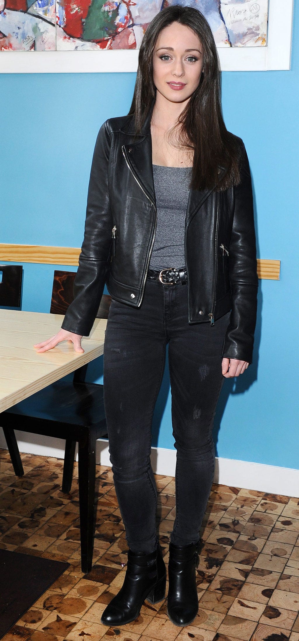 Clothing, Leather, Black, Jacket, Leather jacket, Jeans, Textile, Outerwear, Fashion, Footwear, 