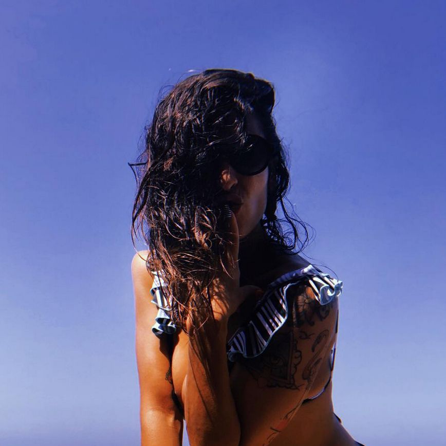 Blue, Photograph, Beauty, Sea, Model, Beach, Black hair, Photo shoot, Bikini, Long hair, 