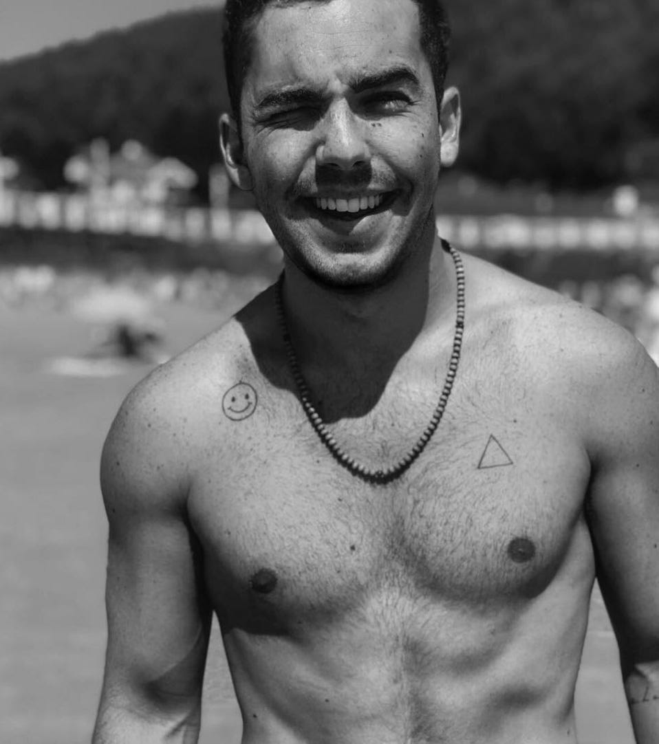 Barechested, Chest, Muscle, Chin, Human, Trunk, Jaw, Smile, Black-and-white, Neck, 