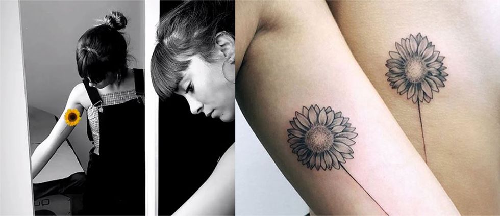 Tattoo, Shoulder, Arm, Temporary tattoo, Skin, Flower, Joint, dandelion, Leg, Plant, 