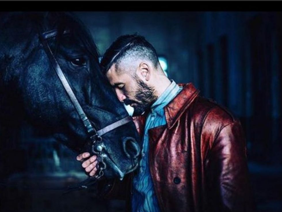 Horse, Jacket, Darkness, Leather, Leather jacket, Photography, Movie, Horse trainer, Fictional character, Stallion, 