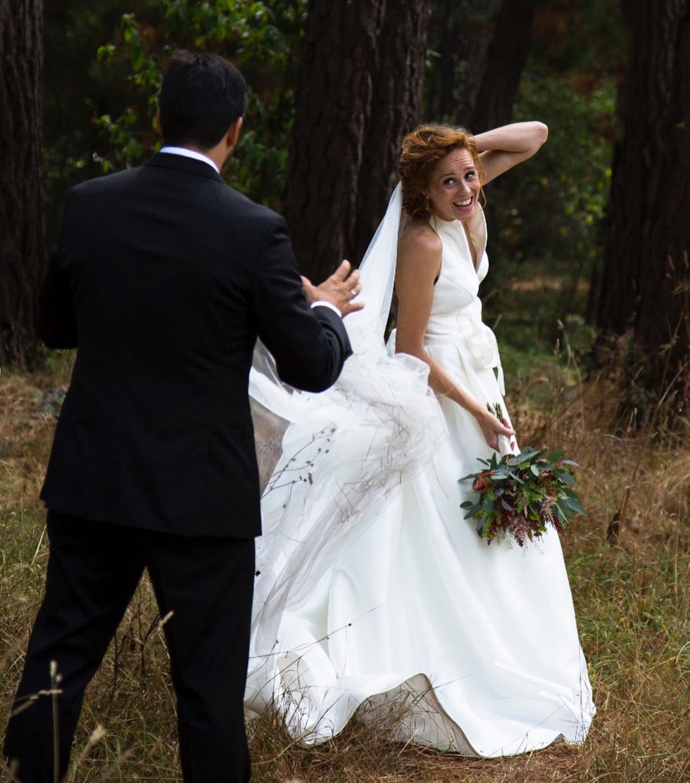 Bride, Wedding dress, Photograph, Gown, Dress, Bridal clothing, Wedding, Ceremony, Natural environment, Formal wear, 
