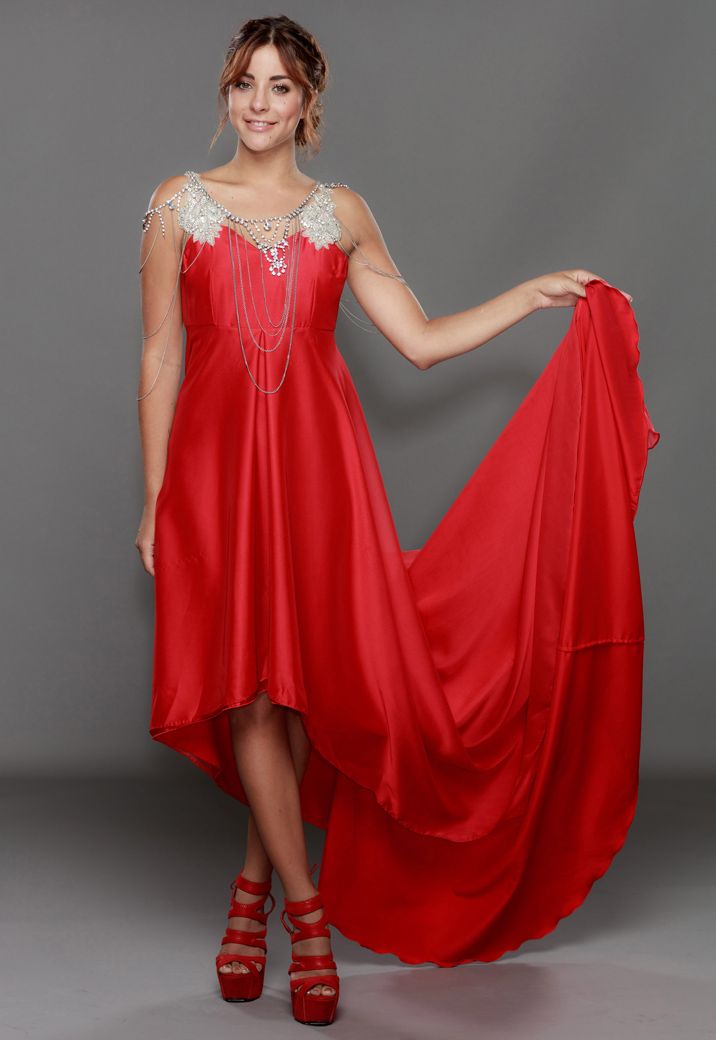 Clothing, Dress, Sleeve, Shoulder, Red, Textile, Shoe, Joint, One-piece garment, Formal wear, 