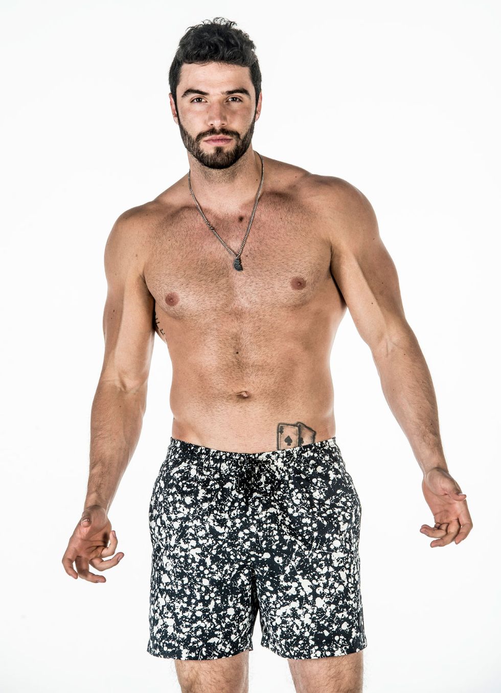 Skin, Facial hair, Active shorts, board short, Standing, Joint, Chest, Shorts, Trunk, Muscle, 