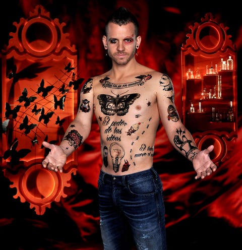 Denim, Tattoo, Chest, Trunk, Muscle, Cool, Facial hair, Abdomen, Barechested, Flash photography, 