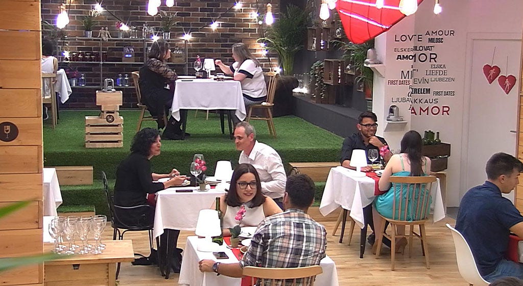 Human body, Furniture, Table, Chair, Sharing, Restaurant, Customer, Outdoor table, Tartan, Tablecloth, 