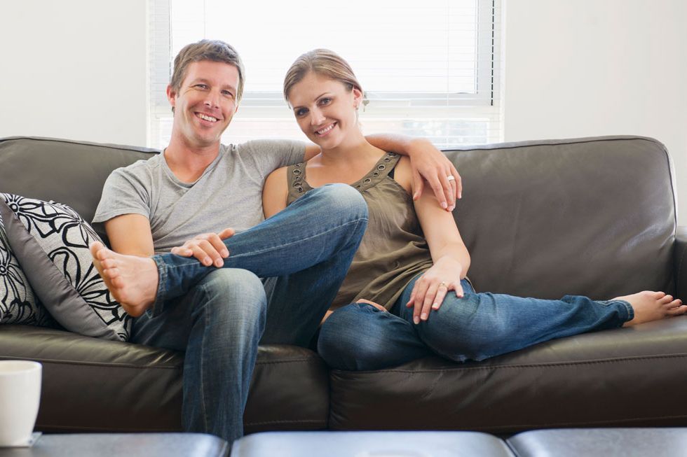 Comfort, Smile, Sitting, Living room, Denim, Happy, Jeans, Furniture, Couch, Youth, 