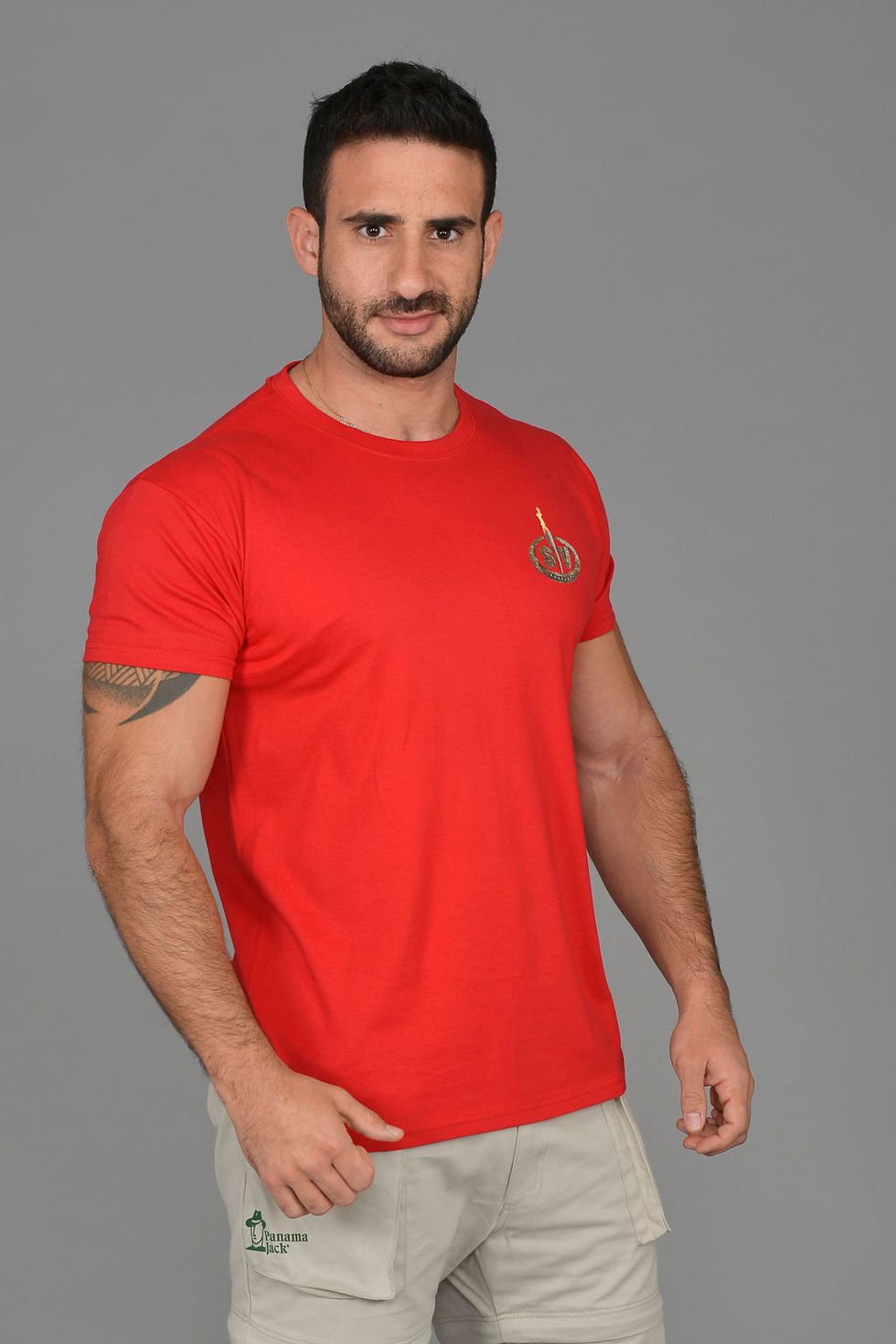 T-shirt, Clothing, Red, Neck, Sleeve, Shoulder, Orange, Top, Muscle, Active shirt, 