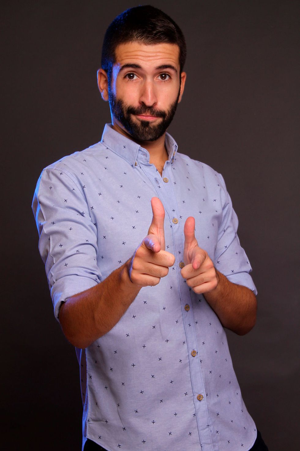 Blue, Facial hair, Dress shirt, Finger, Yellow, Moustache, Arm, Beard, Cool, Hand, 