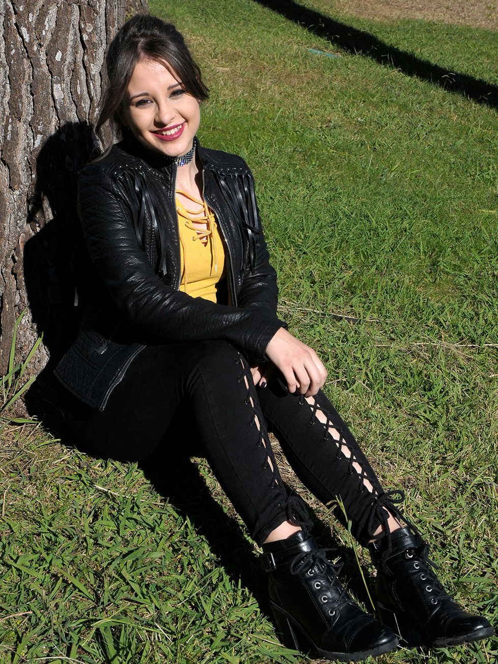 Black, Clothing, Leather, Leather jacket, Beauty, Jacket, Grass, Fashion, Footwear, Photo shoot, 