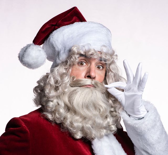 Facial hair, Santa claus, Beard, Costume hat, Fictional character, Costume accessory, Costume, Christmas, Gesture, Moustache, 