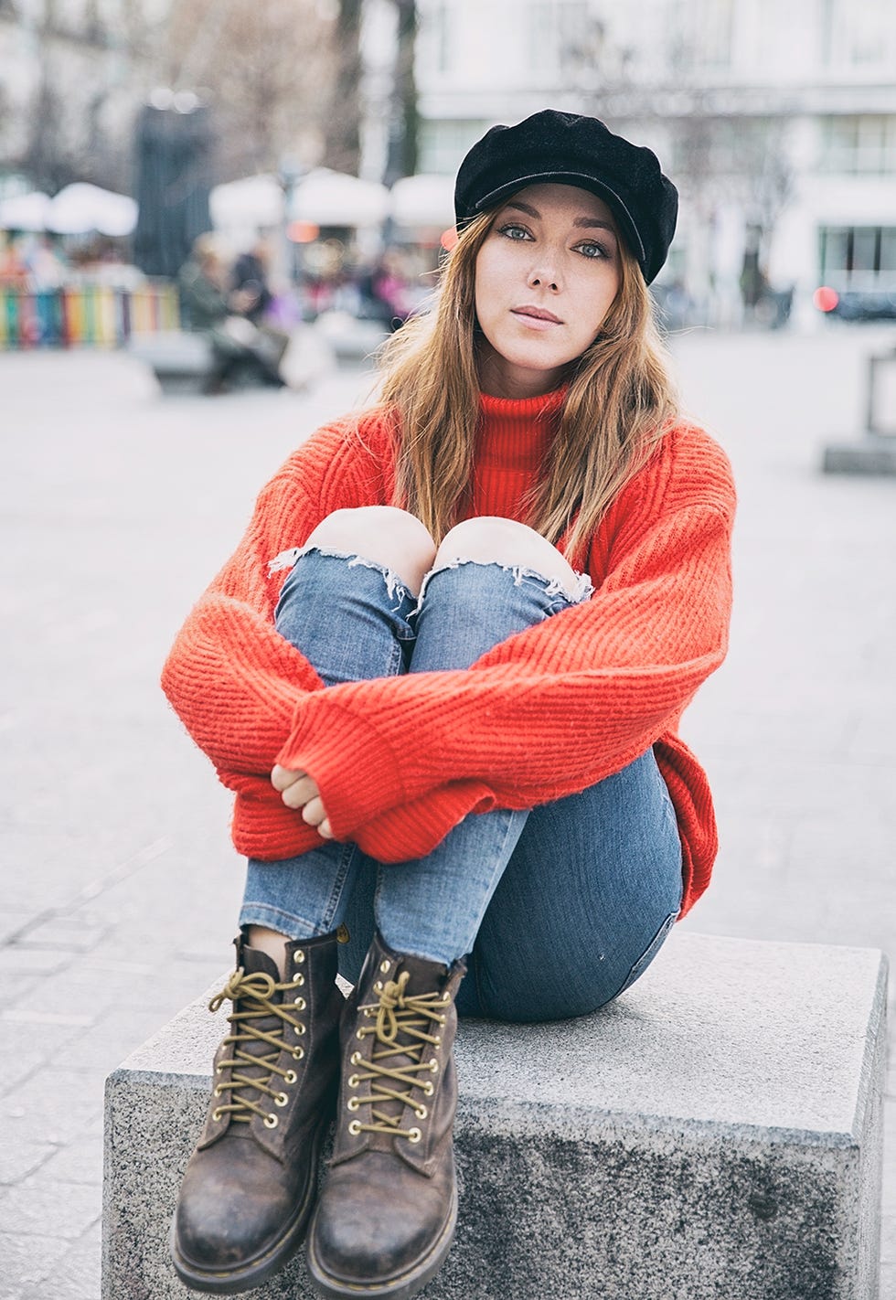 Street fashion, People, Clothing, Beauty, Red, Fashion, Skin, Jeans, Footwear, Snapshot, 
