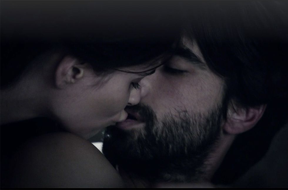 Hair, Face, Black, Facial hair, Romance, Love, Interaction, Lip, Kiss, Beard, 