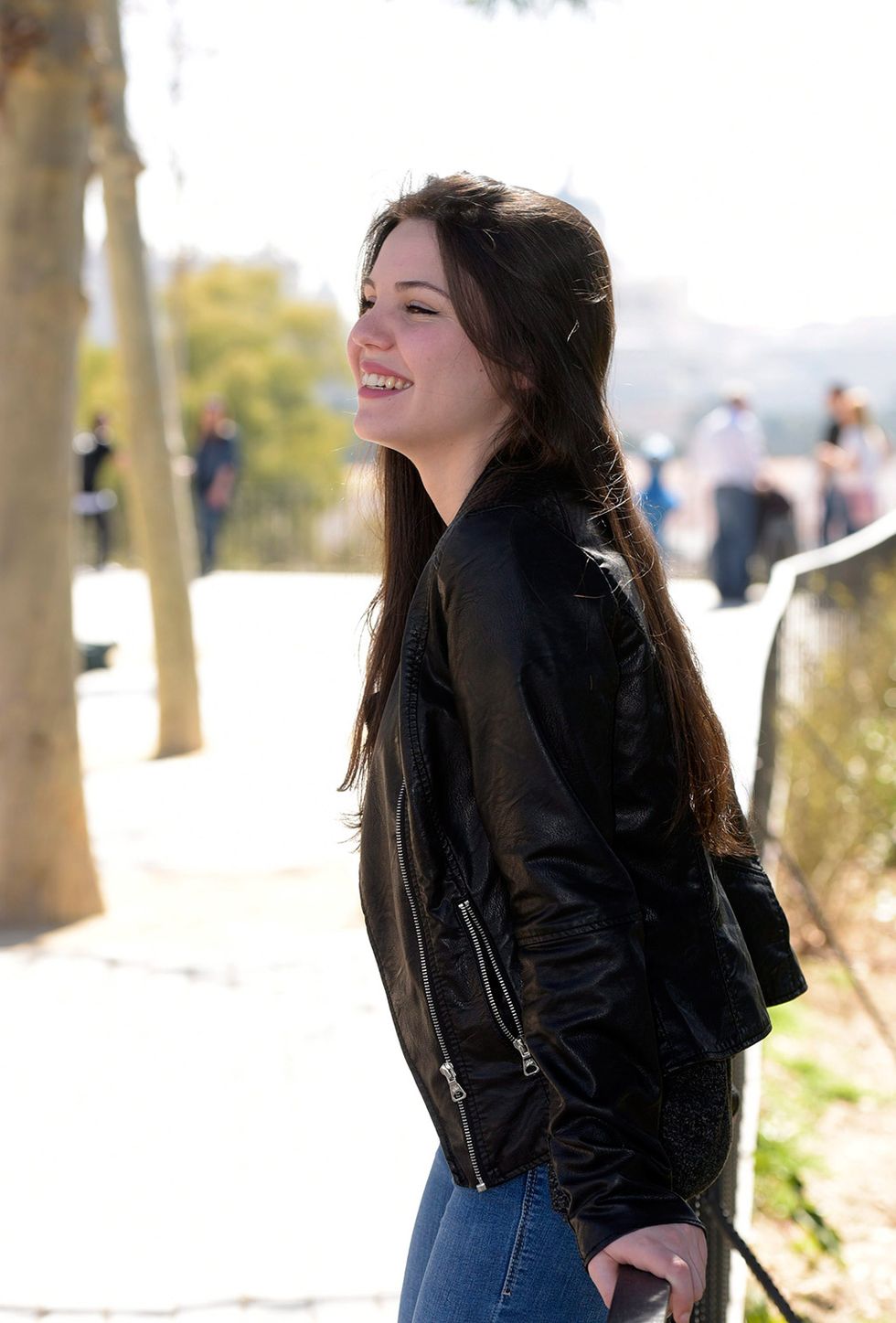 Hair, Leather, Clothing, Jacket, Leather jacket, Jeans, Beauty, Long hair, Textile, Outerwear, 