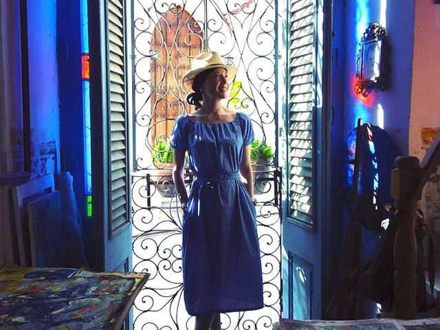 Blue, Dress, Hat, Majorelle blue, One-piece garment, Cobalt blue, Electric blue, Day dress, Street fashion, Sun hat, 