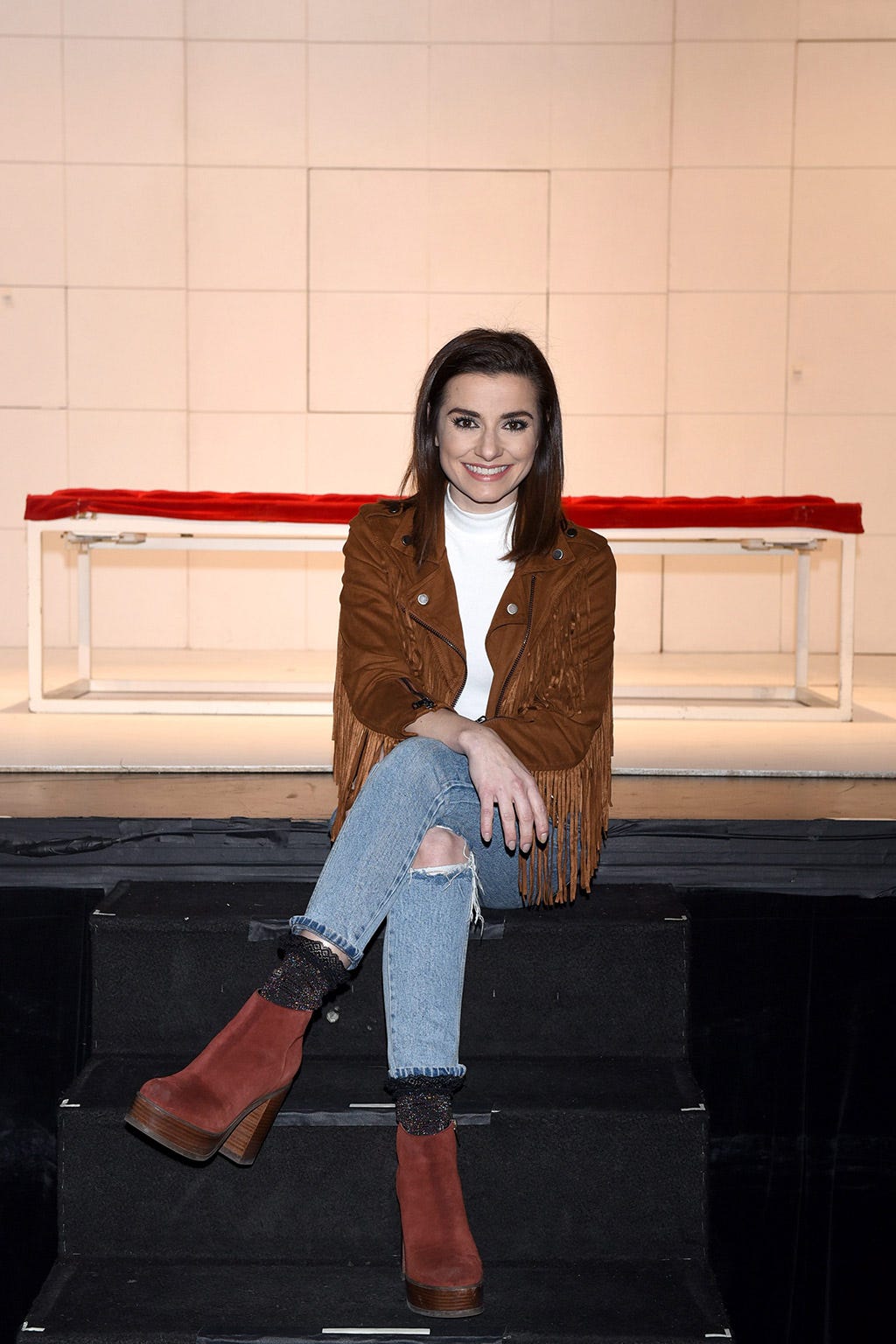 Brown, Outerwear, Denim, Boot, Style, Bag, Knee, Sitting, Jacket, Street fashion, 