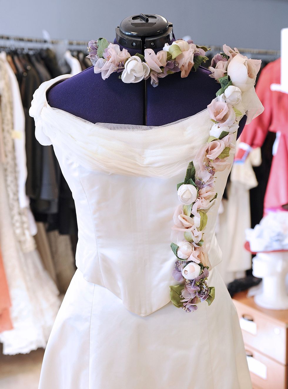 Dress, Gown, Pink, Wedding ceremony supply, Wedding dress, Purple, Bouquet, Flower, Bridal clothing, Floristry, 