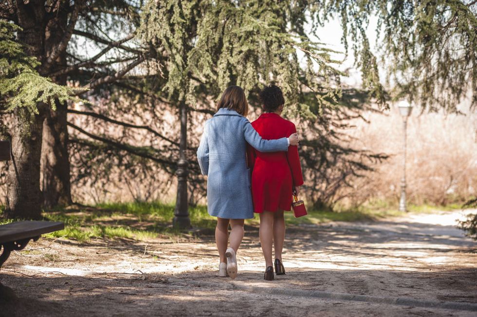 People in nature, Photograph, Red, Interaction, Tree, Photography, Dress, Walking, Footwear, Romance, 