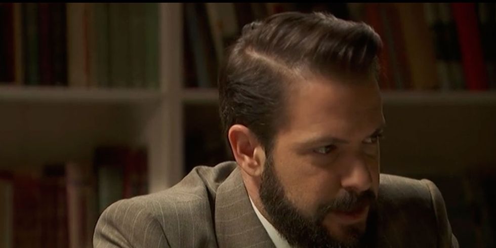 Hair, Facial hair, Beard, Moustache, Hairstyle, Chin, Forehead, Nose, Suit, Human, 