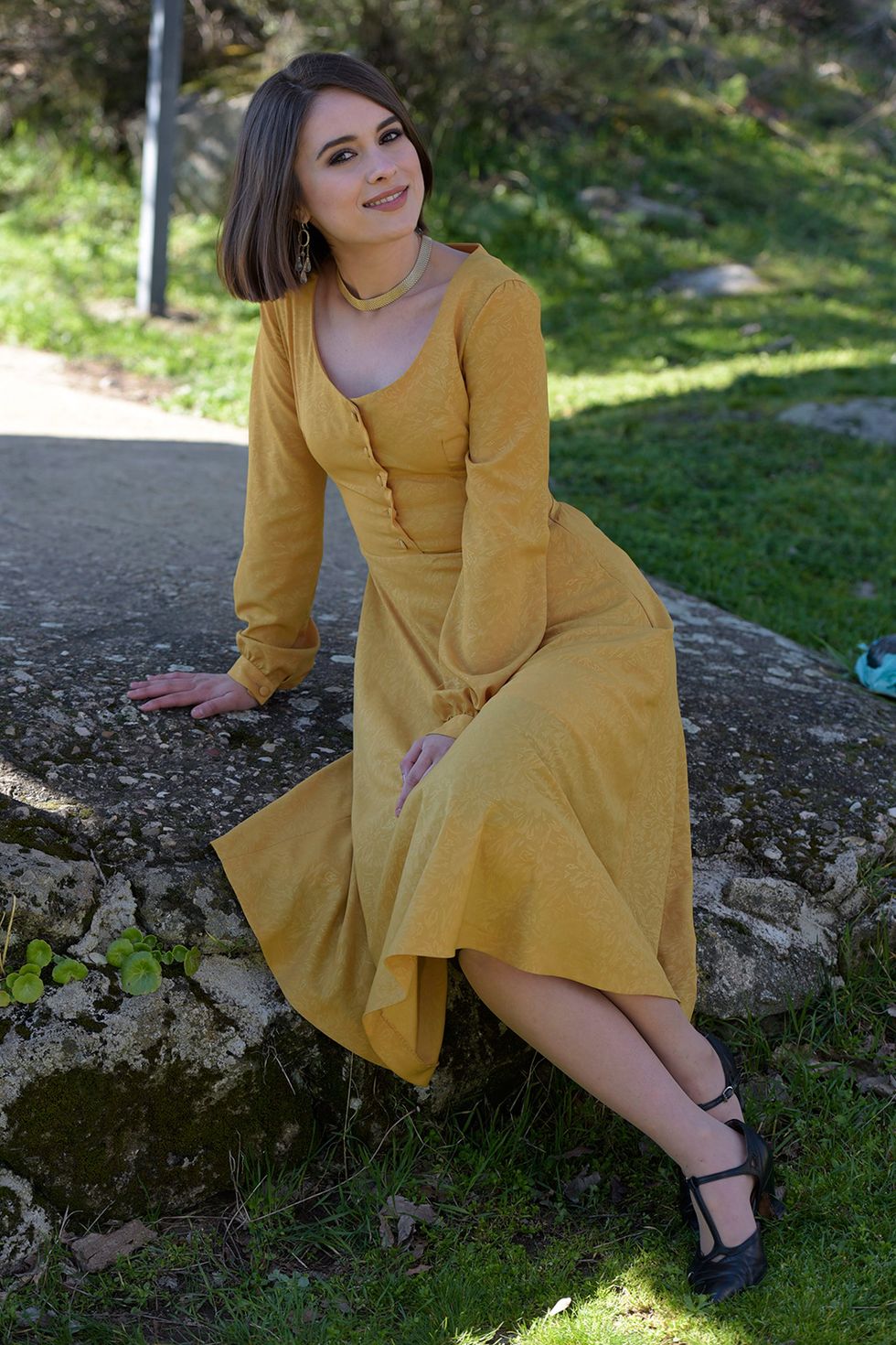 Yellow, Clothing, Green, Grass, Dress, Beauty, Sitting, Photo shoot, Leg, Fashion, 