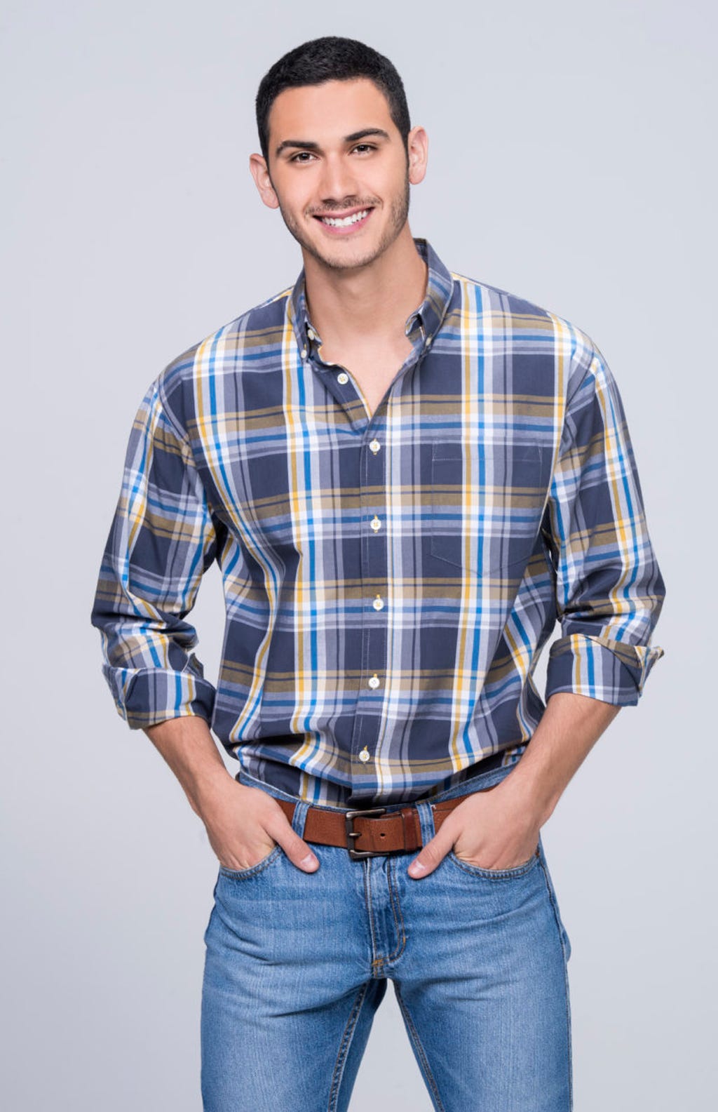 Clothing, Blue, Plaid, Product, Dress shirt, Brown, Collar, Denim, Sleeve, Trousers, 