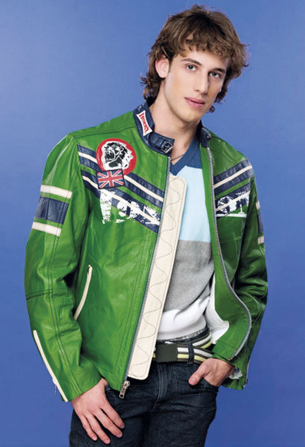 Clothing, Green, Sleeve, Jacket, Denim, Collar, Textile, Standing, Jeans, Outerwear, 