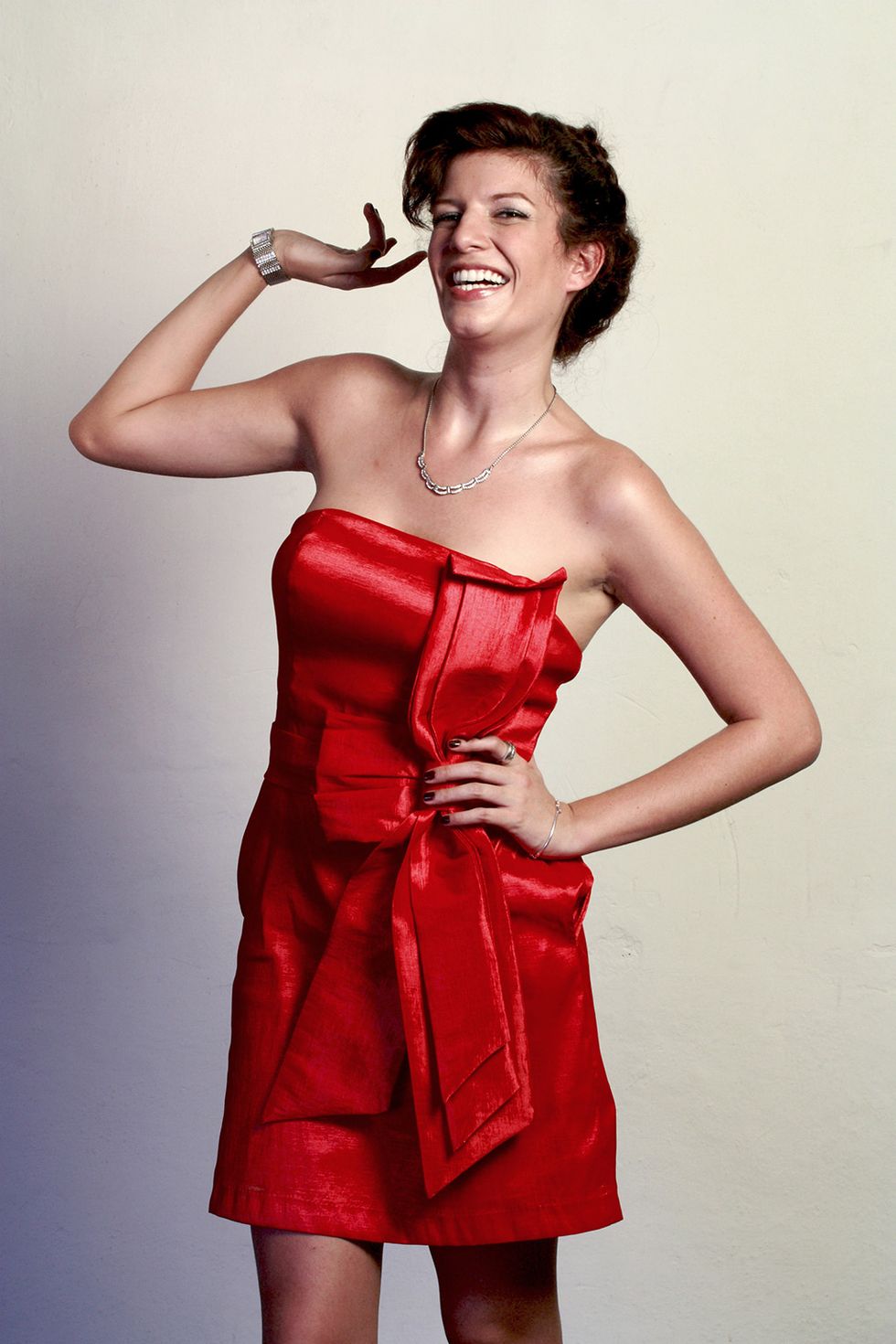 Fashion model, Clothing, Dress, Red, Cocktail dress, Satin, Beauty, Shoulder, Photo shoot, Model, 