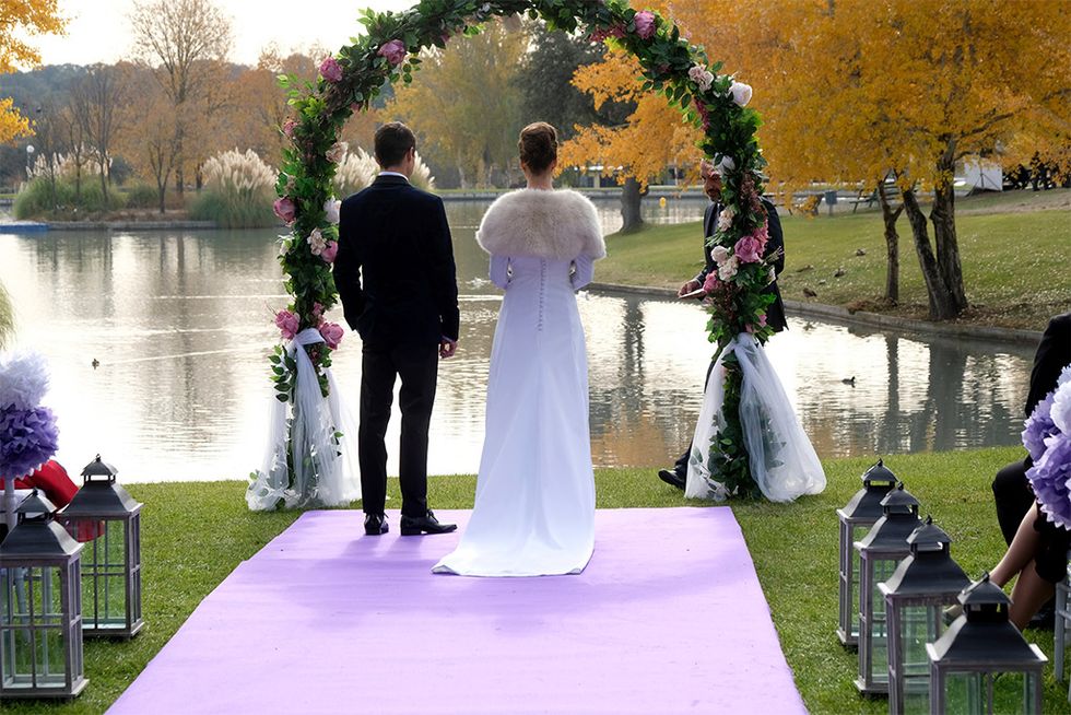 Photograph, Ceremony, Aisle, Marriage, Wedding, Event, Dress, Wedding dress, Bride, Tree, 