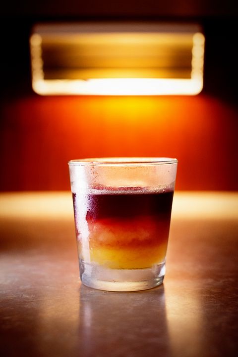 "it's a traditional whiskey sour, but to make it a new york sour, you float red wine—côtes du rhône or beaujolais, something with a backbone to it—on top the rich aromatics push it into winter"  ingredients • 2 oz  bourbon • 75 oz lemon juice • 75 oz simple syrup • red wine float directions shake the bourbon, lemon juice, and simple syrup with ice and strain into a double old fashioned glass over ice top with a red wine float 
