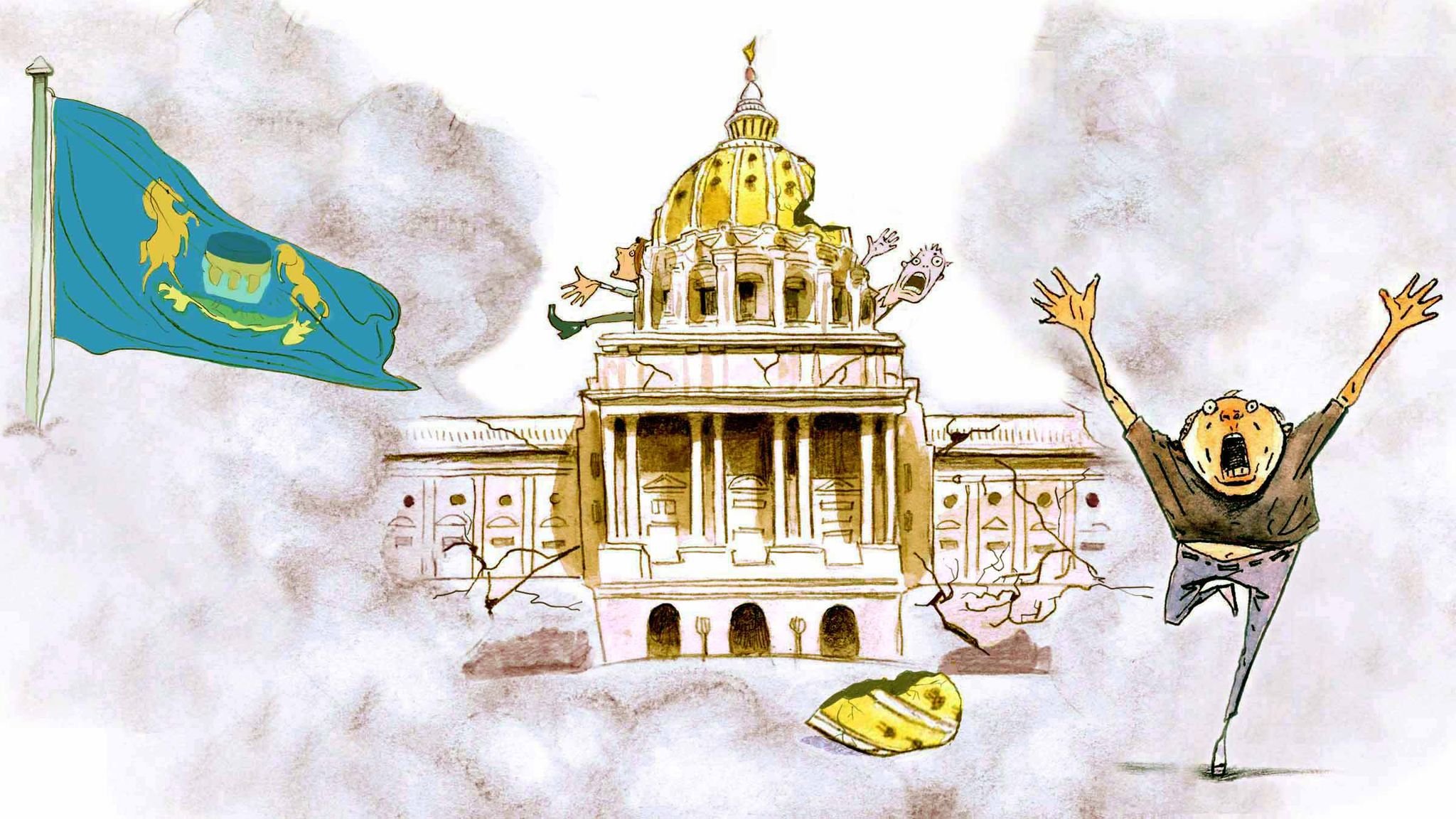 Yellow, Art, Illustration, Painting, Flag, Artwork, Classical architecture, Drawing, Dome, Graphics, 