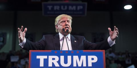Donald Trump delivers a speech at a podium