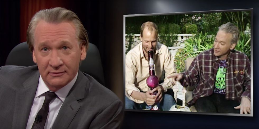 Bill Maher next to an image of Maher and Woody Harrelson. Harrelson holds a large purple bong.