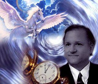 a man in a suit and a pocket watch are in the foreground; a blue swirl and winged unicorn in the background